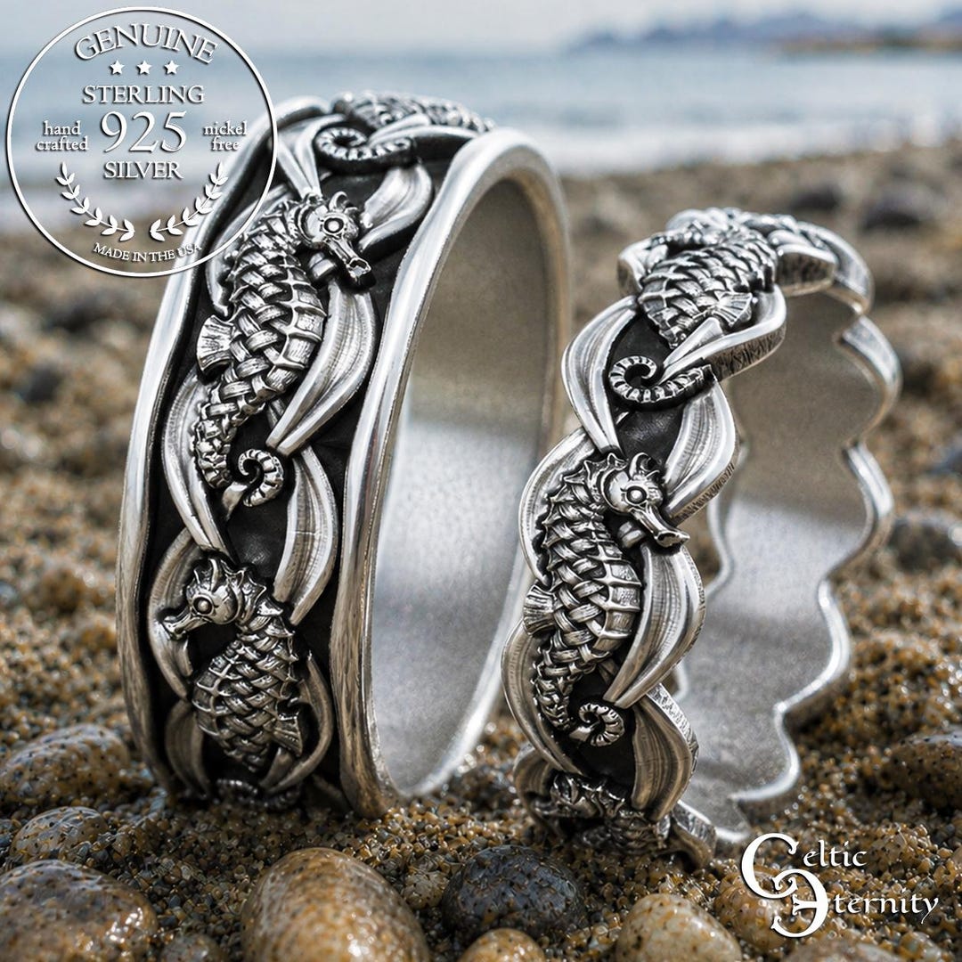 Sterling Matching Sea Horse Wedding Band Set, Bride Groom Ocean Waves Sterling Matching Sea Horse Wedding Band Set, Bride Groom Ocean Waves