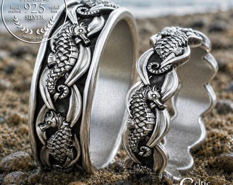 Sterling Matching Sea Horse Wedding Band Set, Bride Groom Ocean Waves Rings, Silver Coral Reef Jewelry, Water Spirit Anniversary, 2100 2101