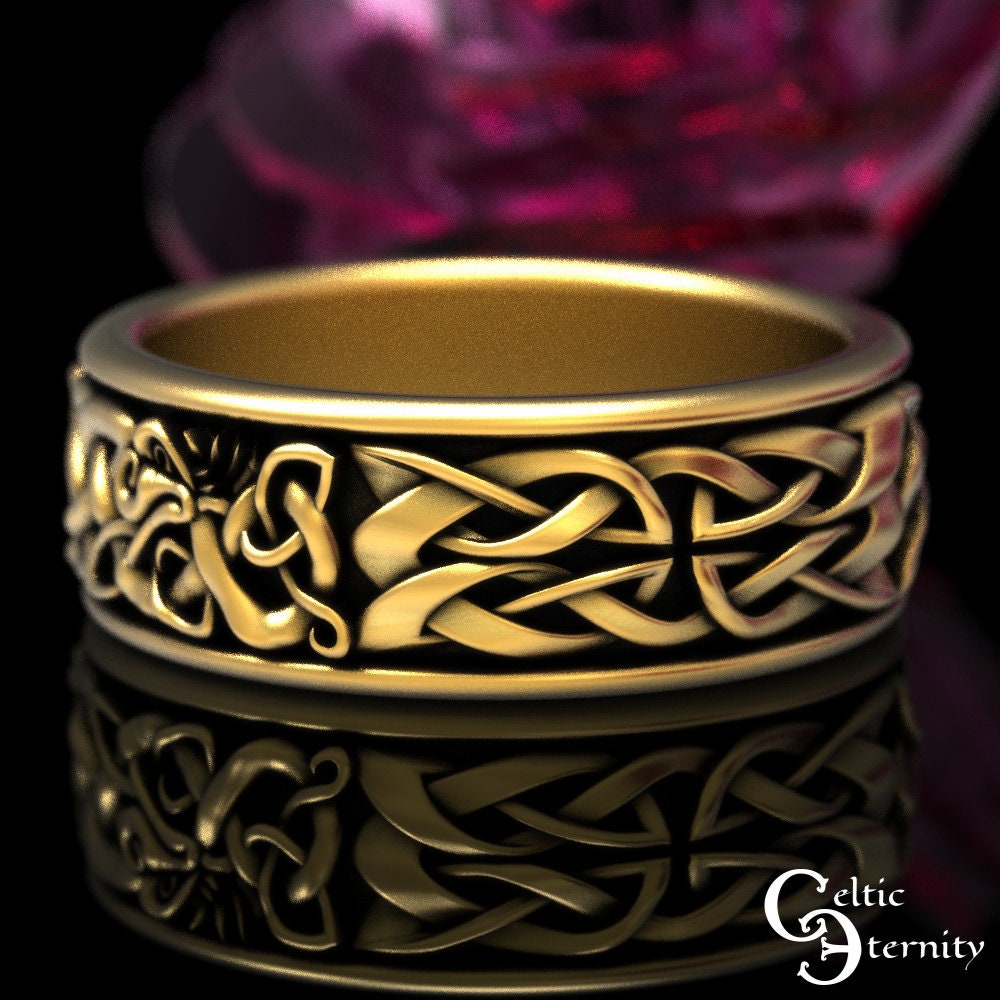 Gold Dragon Wedding Ring, Mens Celtic Dragon Ring, 10K Norse Wedding