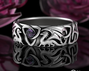 Bridal Alexandrite Dragon Ring, Celtic Wyvern Wedding Band, Sterling Women Draco Ring, Lady Irish Dragon Ring, Silver Fantasy D&D Ring, 3186