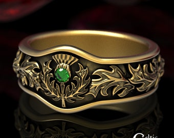 Scottish Thistle Ring, Emerald & Gold Wedding Band, Gold Thistle Ring, Thistle Wedding Band, Gold Wedding Band, Platinum Wedding Ring, 1765