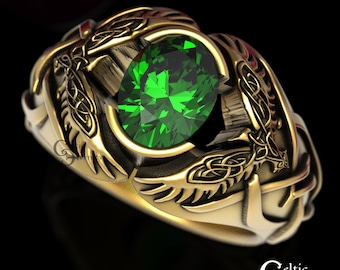 Emerald Celtic Ring, Mens Gold Raven Ring, Odin Raven Ring, Men Viking Ring, Celtic Wedding Band, Gold Bird Ring, Platinum Mens Ring, 1477