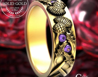Woman's Gold & Amethyst Celtic Wedding Band, 14K White Gold Irish Thistle Ring, Platinum Scottish Bride Ring, 2128