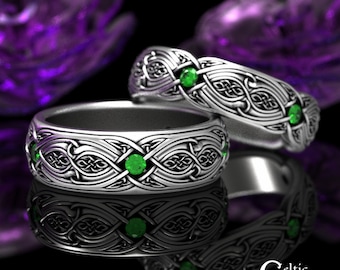 Emerald + Sterling Matching Wedding Ring Set, Matching Emerald Celtic Rings, Celtic Couples Ring Set, Matching Wedding Bands, 1816 1817