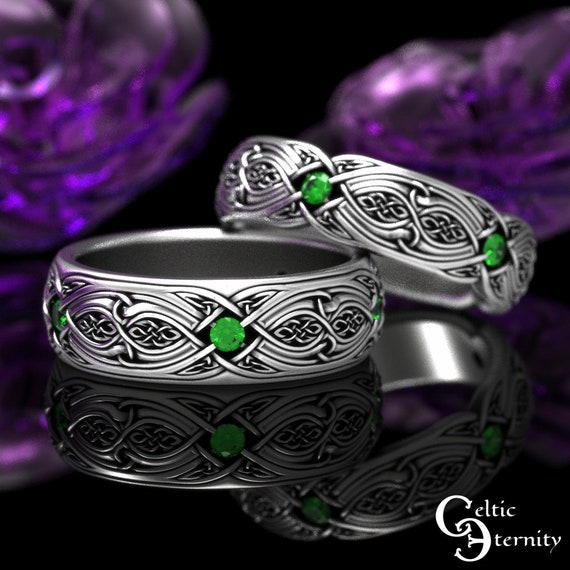 Emerald + Sterling Matching Wedding Ring Set, Matching Emerald Celtic Rings, Celtic Couples Ring Set, Matching Wedding Bands, 1816 1817