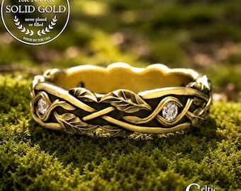 Brides Gold Nature Wedding Ring, 14K Irish Leaves Marriage Ring, 10K Moissanite Woven Branches Ring, 18K Botanical Tree Twigs Ring, 2052