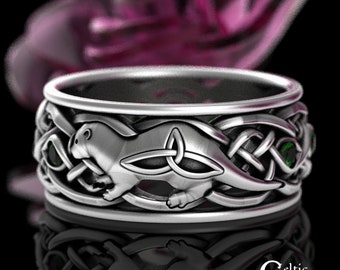 Sterling Otter Ring, Emerald Celtic Ring, Celtic Otter Ring, Otter Wedding Ring, Irish Otter Ring, Scottish Otter Ring, Men Celtic Ring 3026