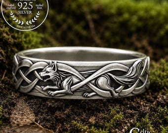 Lady's Wolf Infinity Knotwork Wedding Ring, Sterling Irish Wolves Ring, Woman's Silver Wolf Ring, Canine Jewelry, 2106