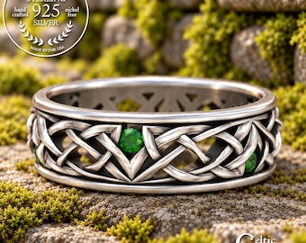 Sterling Silver & Emerald Celtic Wedding Band, Woven Dublin Emerald Ring, Classic Men's Irish Emerald Ring, Scottish Man Wedding Ring, 1506