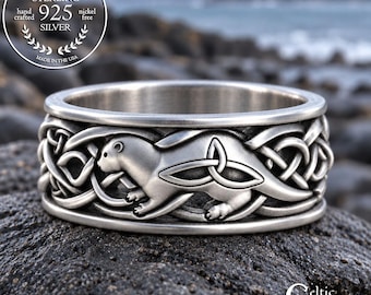 Mens Otter Wedding Ring, Sterling Celtic Ring, Celtic Otter Ring, Otter Wedding Band, Irish Otter Ring, Mens Scottish Wedding Ring, 3029