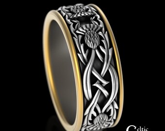 2tone Scottish Thistle Wedding Band, Sterling & 10K Gold Order of the Thistle Ring, Celtic Groom Wedding Ring, BiMetal Celtic Men Ring, 4051