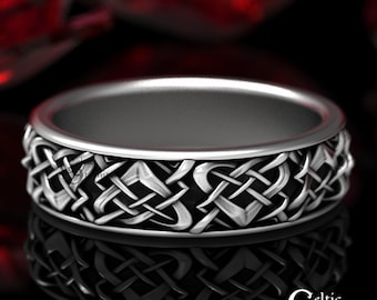 Sterling Silver Sacred Heart-Knot Ring, Women's Silver Anam Cara Ring, Gaelic Lovers Wedding Band, Interwoven Heart Knotwork Ring, 1458