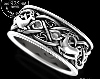 Sterling Silver Deer Ring, Celtic Deer Wedding Band, Mens Deer Ring, Reindeer Jewelry, Mens Forest Ring, Antler Spirit Animal Ring, 3126