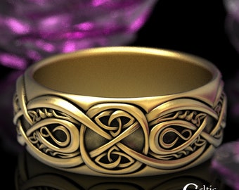 Mens Gold Wedding Band, Mens Gold Celtic Ring, Solid Gold Celtic Wedding Band, Infinity Mens Ring, White Gold Celtic Mens Wedding Ring, 1641