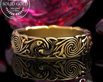 18K Gold Woman's Koi Wedding Ring, 14K Japanese Fish Wedding Band, 10K Bridal Pisces Ring, Platinum Ocean Anniversary Ring, 2097