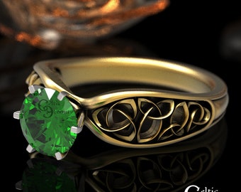 Celtic Gold & Emerald Trinity Ring, 1 Carat Solitaire Engagement Ring, Platinum With Emerald Engagement Ring, Gold Emerald Solitaire, 1427