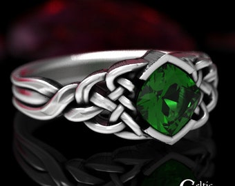 Sterling Emerald Engagement, Celtic Engagement Ring, Cushion Cut Engagement Ring, Emerald Engagement Ring, Unique Engagement Ring, 1311