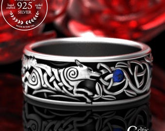 Sapphire Irish Wolf Wedding Band, Ruby Grooms Running Wolf Marriage Ring, Silver Fenrir Ring, Men's Viking Wolf Ring, Warrior Spirit, 2046