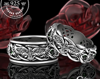 His Hers Alexandrite Raven Wolf Ring Set, Sterling Celtic Matching Ring Set, Alexandrite Irish Wolves Wedding Band, Wedding Set, 4696 4697