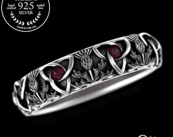 Ruby Scottish Thistle Wedding Band, Sterling Ruby Knotwork Ring, Celtic Silver Trinity Knot, Womens Irish Wedding Ring, Ruby Thistle, 4813