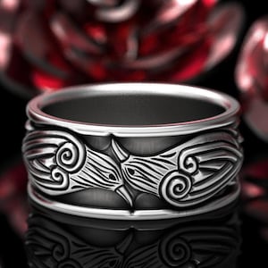 Mens Celtic Raven Ring, Sterling Norse Odin Raven Ring, Hugin and Munin Ring, Groom's Raven Wedding Ring, Silver Viking Raven Band, 1670