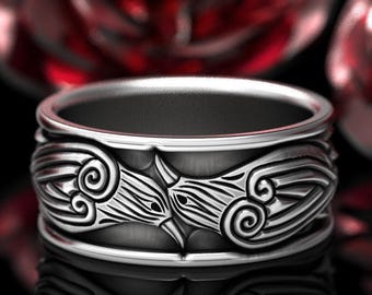 Mens Celtic Raven Ring, Sterling Norse Odin Raven Ring, Hugin and Munin Ring, Groom's Raven Wedding Ring, Silver Viking Raven Band, 1670