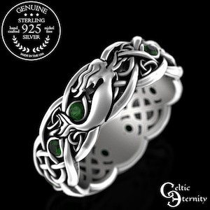 Emerald Celtic Mermaid Ring, Sterling Irish Mermaid Wedding Band, Womens Selkie Ring, Silver Siren Ring, Ocean Wedding Ring, Merwoman, 3058