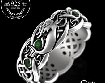 Emerald Celtic Mermaid Ring, Sterling Irish Mermaid Wedding Band, Womens Selkie Ring, Silver Siren Ring, Ocean Wedding Ring, Merwoman, 3058