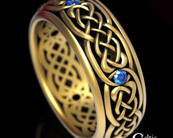 Sapphire & Gold Wedding Band, Gold Celtic Wedding Band, Mens Gold Wedding Ring, Gold or Platinum Mens Ring, Mens Celtic Wedding Band, 1584