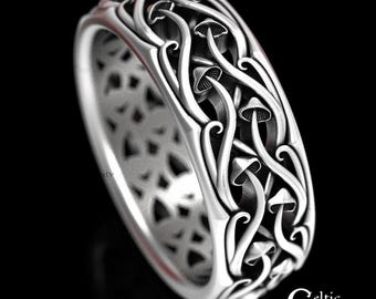 Sterling Mushroom Ring, Celtic Mushroom Ring, Mushroom Wedding Band, Mushroom Wedding Ring, Men's Celtic Wedding Ring, Hippie Ring, 1433