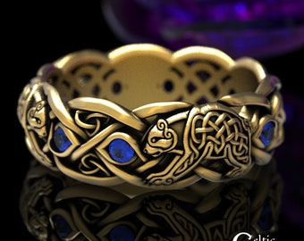 Sapphire Celtic Bear Ring, Gold Bear Ring, White Gold Bear Ring, Platinum Bear Ring, Celtic Bear Ring, Bear Wedding Band, Bear Ring, 1682