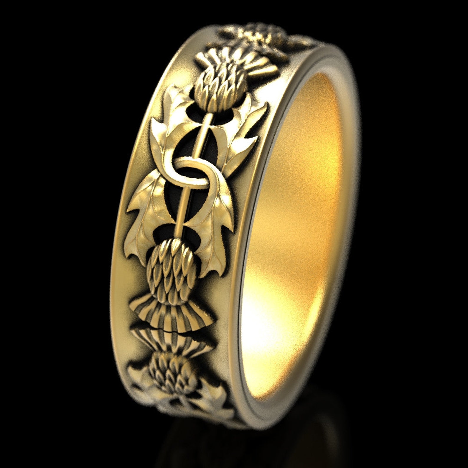 Gold or Platinum Scottish Highland Ring, 18K Scotland Thistle Ring, 10K ...