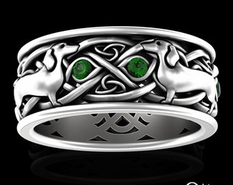 Mens Emerald Dog Ring, Sterling Silver Dachshund Ring, Dachshund Jewelry, Celtic Dog Lover Gift, Dog Show Ring, Canine Wedding Ring, 3014