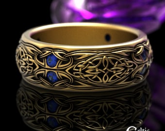 Gold Sapphire Knotwork Ring, Mens Gold Celtic Ring, Gold Wedding Band for Men, Sapphire & Gold Ring, Platinum Mens Celtic Ring, 1804