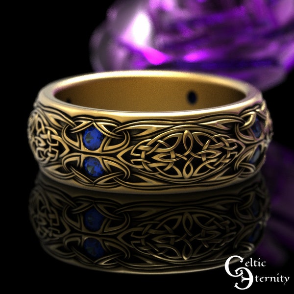 Gold Sapphire Knotwork Ring, Mens Gold Celtic Ring, Gold Wedding Band for Men, Sapphire & Gold Ring, Platinum Mens Celtic Ring, 1804