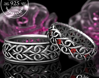 Sterling Silver & Ruby Infinite Love Rings, Celtic Love Loop Handfasting Set, Silver Grace Knot Gemstone Wedding Rings, 1421 + 1422