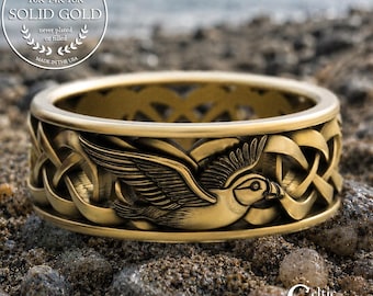 Men's Gold Rock Hopper Ring, 14K White Gold Seabird Wedding Ring, Platinum Groom Ocean Puffin Jewelry, 10K Irish Bird Anniversary, 2123