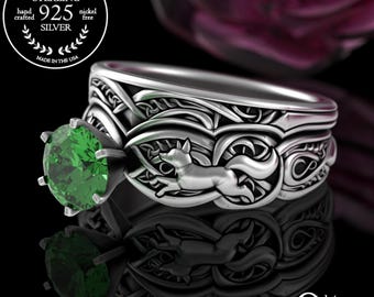 Sterling Silver Fox Bridal Wedding Ring Set, Kitsune Emerald Handfasting Rings,  Irish Faoladh Stacking Gemstone Engagement Rings, 3071 1971