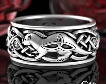 Sterling Celtic Otter Ring, Otter Wedding Ring, Moissanite Otter Ring, Otter Jewelry, Irish Otter Ring, Celtic Animal Ring, 3026