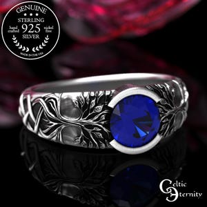 Sapphire Tree Solitaire Ring, Sterling Tree of Life Ring, Silver Amethyst Forest Engagement, Celtic Low-Profile Botanical Wedding Ring, 2034