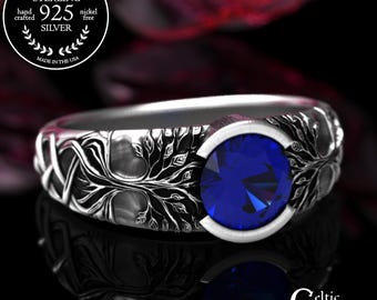 Sapphire Tree Solitaire Ring, Sterling Tree of Life Ring, Silver Amethyst Forest Engagement, Celtic Low-Profile Botanical Wedding Ring, 2034