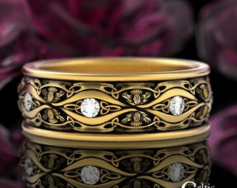 Moissanite Thistle Gold Ring, 14K Thistle Celtic Ring, 10K Thistle Wedding Band, White Gold Thistle Ring, Platinum Thistle Ring, 3023