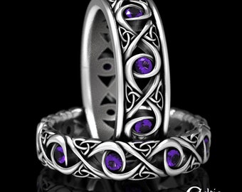 Matching White Gold Amethyst Wedding Set, 10K His Her Infinity Wedding Band, 14K Celtic Wedding Ring, Amethyst Wedding Band, 1409 1410