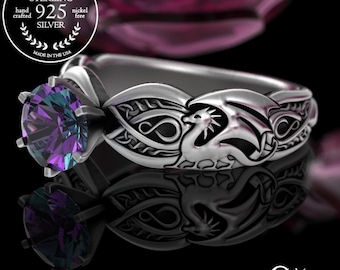 Alexandrite Dragons Solitaire Ring, Sterling Dragon Engagement Ring, Womens Alexandrite Bridal Ring, Silver Celtic Dragon Wedding Ring, 3185
