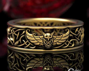 Viking Owl Ring, Viking Wedding Band, Men's Viking Ring, Mens Gold Wedding Band, Gold Viking Ring, Gold Owl Ring, Celtic Owl Ring, 1436