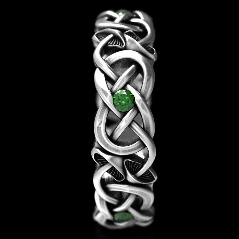 Plant Ring 1371 Eternity Wedding Band Nature Ring Psychedelic Ring Mushroom Ring Mushroom Infinity Ring Sterling Silver with Emeralds
