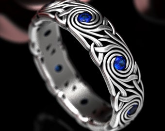 Celtic Knot Ring, Swirl Wedding Band, Trinity Knot Ring, Sterling + Sapphire Wedding Ring, Silver Spiral Ring, Celtic Wedding Ring, 1289