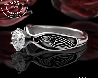Moissanite Raven Engagement Ring, Sterling Viking Norse Solitaire Wedding Ring, Nordic Silver Odin Ravens, Crow Bird Engagement Ring, 3163