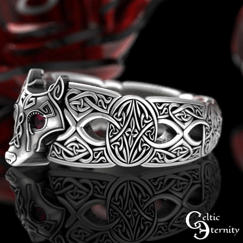 Ruby Celtic Wolf Ring, Ruby Wolf Ring, Sterling Wolf Ring, Wolf Wedding Ring, Ruby Viking Ring, Viking Wolf Ring, Mens Wolf Ring, 1744 image 6