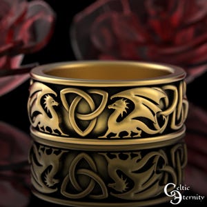 Mens Gold Dragon Wedding Band, 10K 14K 18K Grooms Celtic Dragon Ring, Gold Fantasy Viking Wedding Ring, Dragon Wings Welsh Ring, 3066